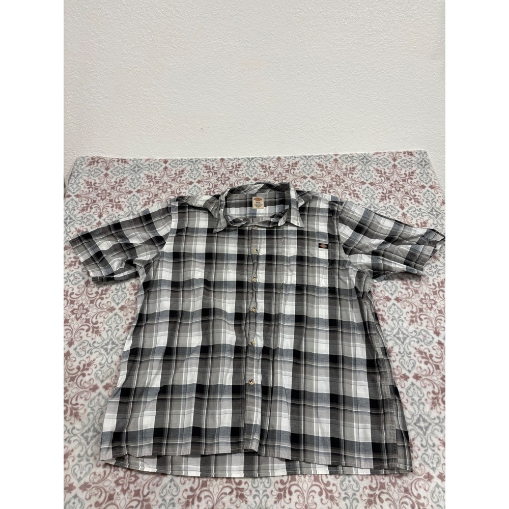 Dickies Mens 3XL Short Sleeve Button Down Shirt Black Grey White Plaid Workwear